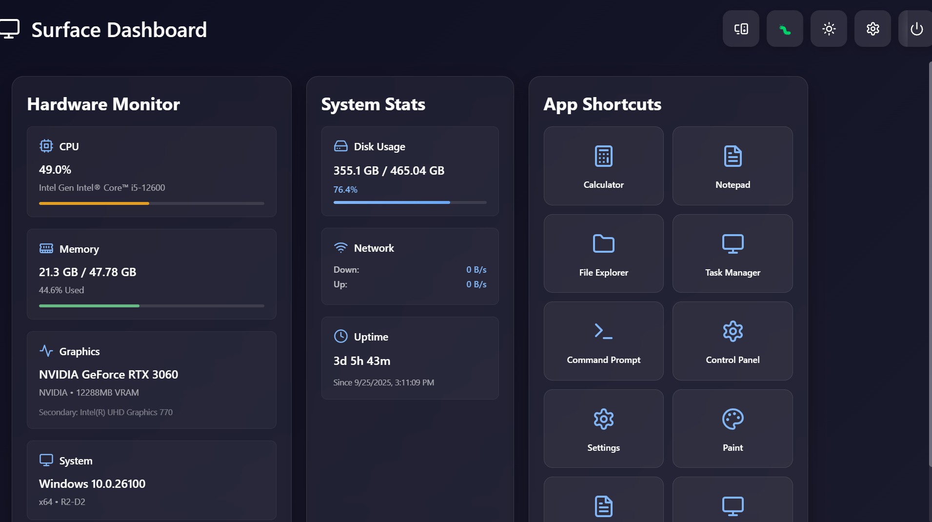Surface Dashboard — A Custom Electron + React Desktop Dashboard for Windows